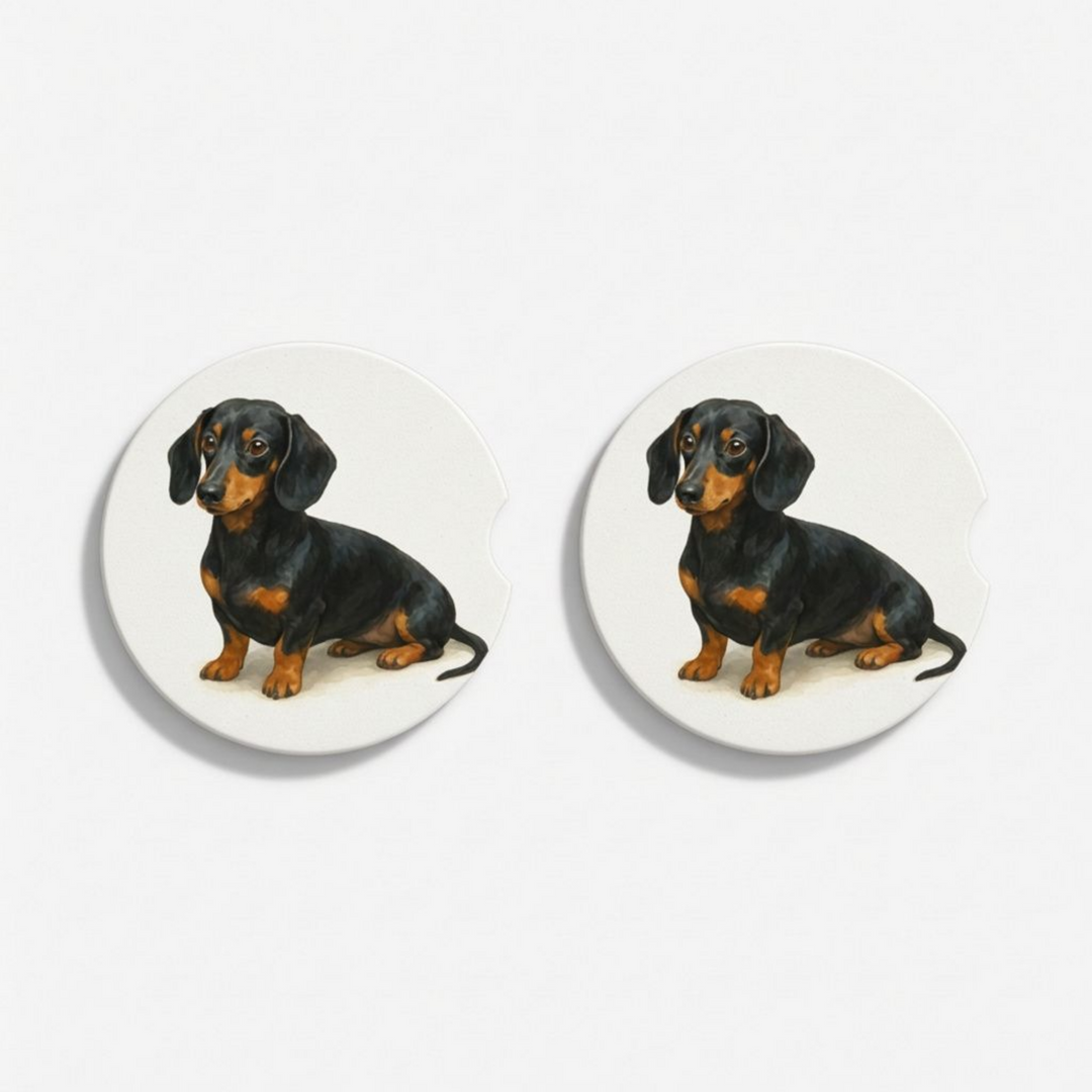 Set of two round ceramic car coasters featuring a watercolor-style illustration of a Dachshund with a black and tan coat.
