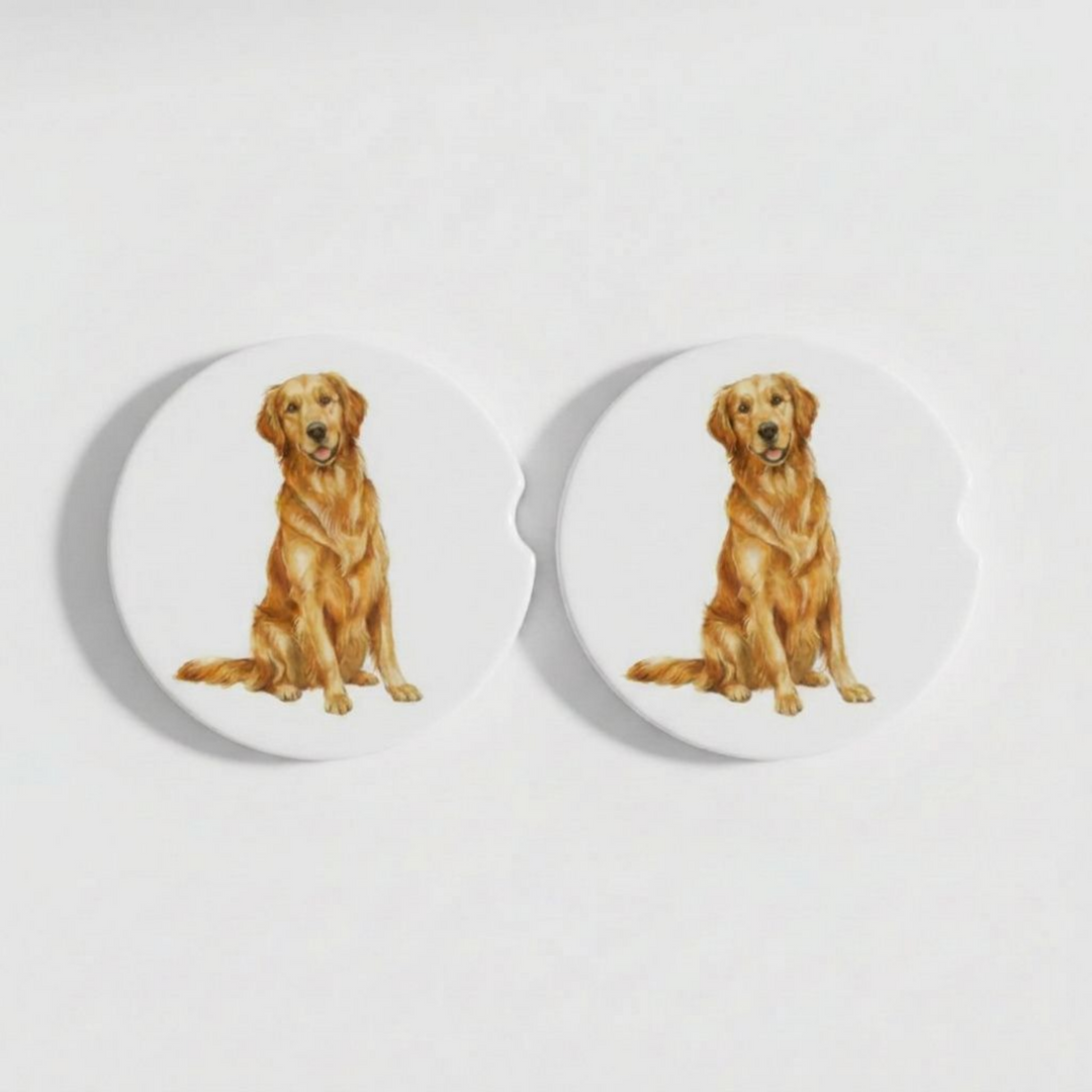 Set of two round ceramic car coasters featuring a watercolor-style illustration of a Golden Retriever with a dark golden coat.