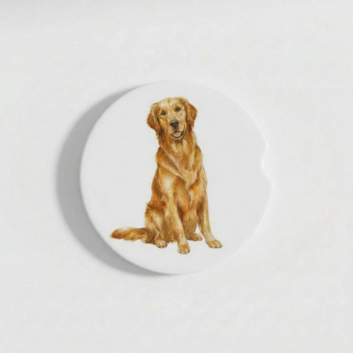 Single round ceramic car coaster featuring a watercolor-style illustration of a Golden Retriever with a dark golden coat, sold individually.