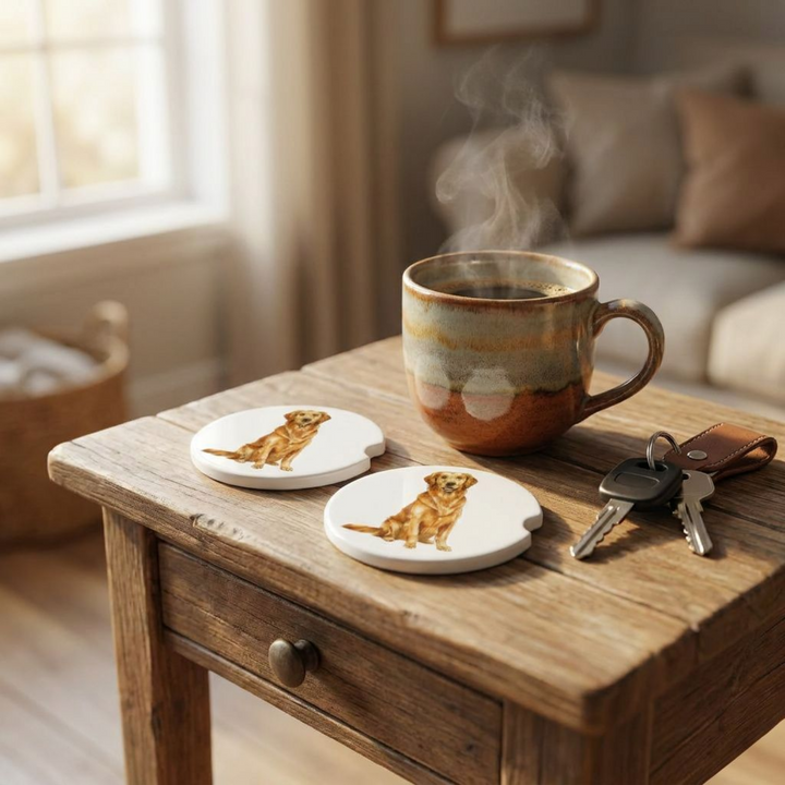 Golden Retriever car coasters with a dark golden coat styled on a wooden side table beside a steaming coffee mug and a set of keys.