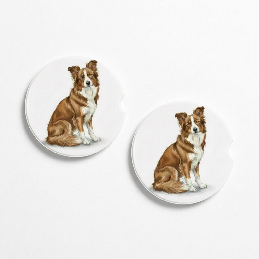 Set of two round ceramic car coasters featuring a watercolor-style illustration of a Border Collie with a saddleback sable coat.