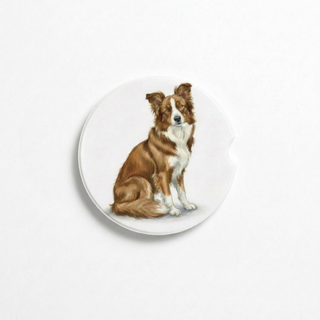 Single round ceramic car coaster featuring a watercolor-style illustration of a Border Collie with a saddleback sable coat, sold individually.