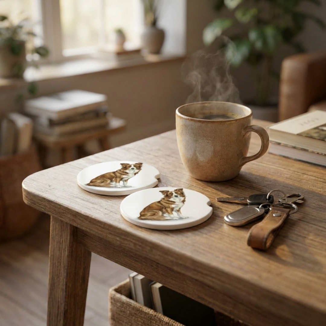 Border Collie car coasters with a saddleback sable coat styled on a wooden side table beside a steaming coffee mug and a set of keys.