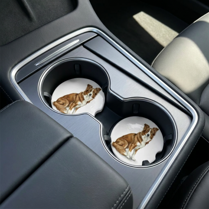 Border Collie car coaster with a saddleback sable coat placed in a vehicle&