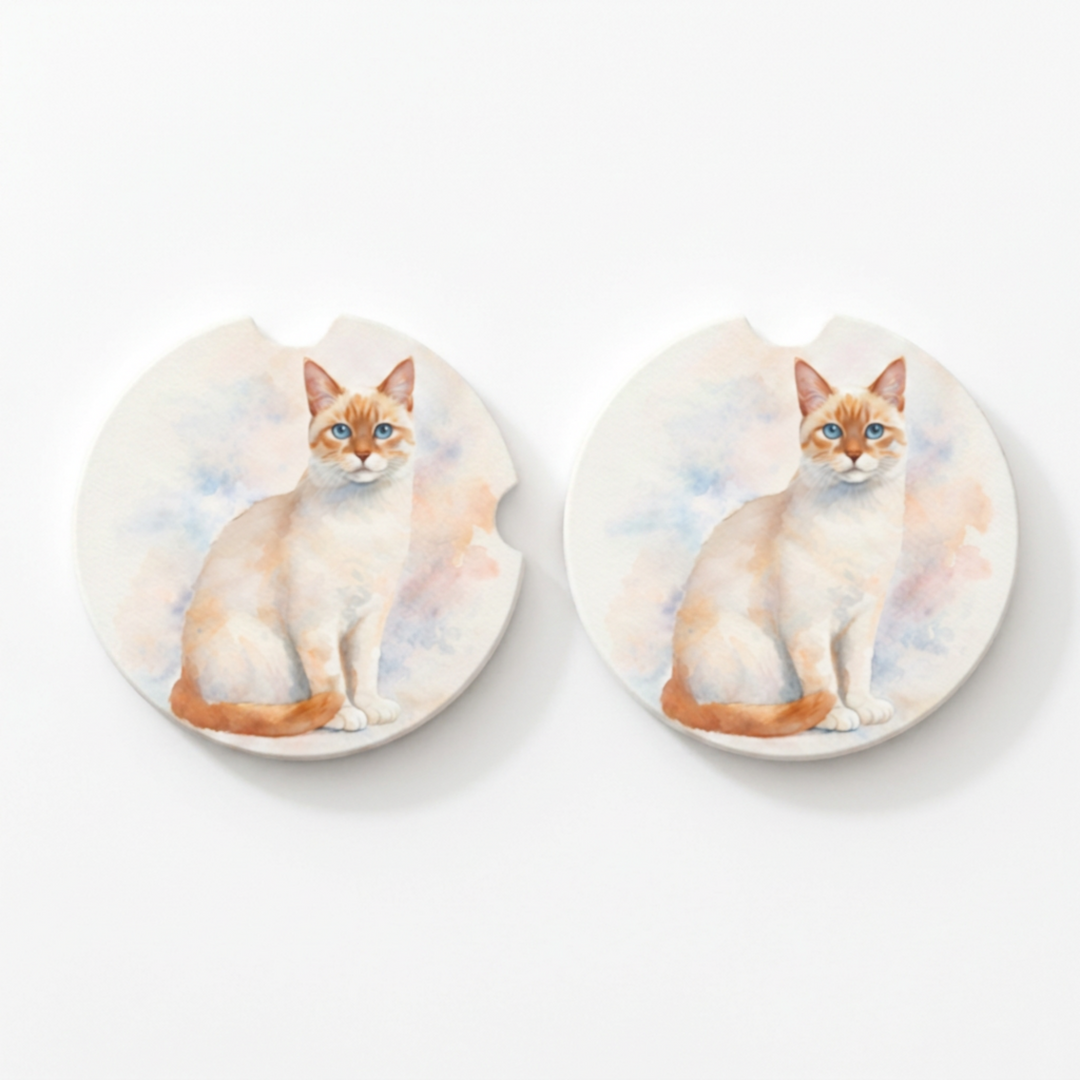Set of two round ceramic car coasters featuring a watercolor-style illustration of a Siamese cat with a flame point coat.