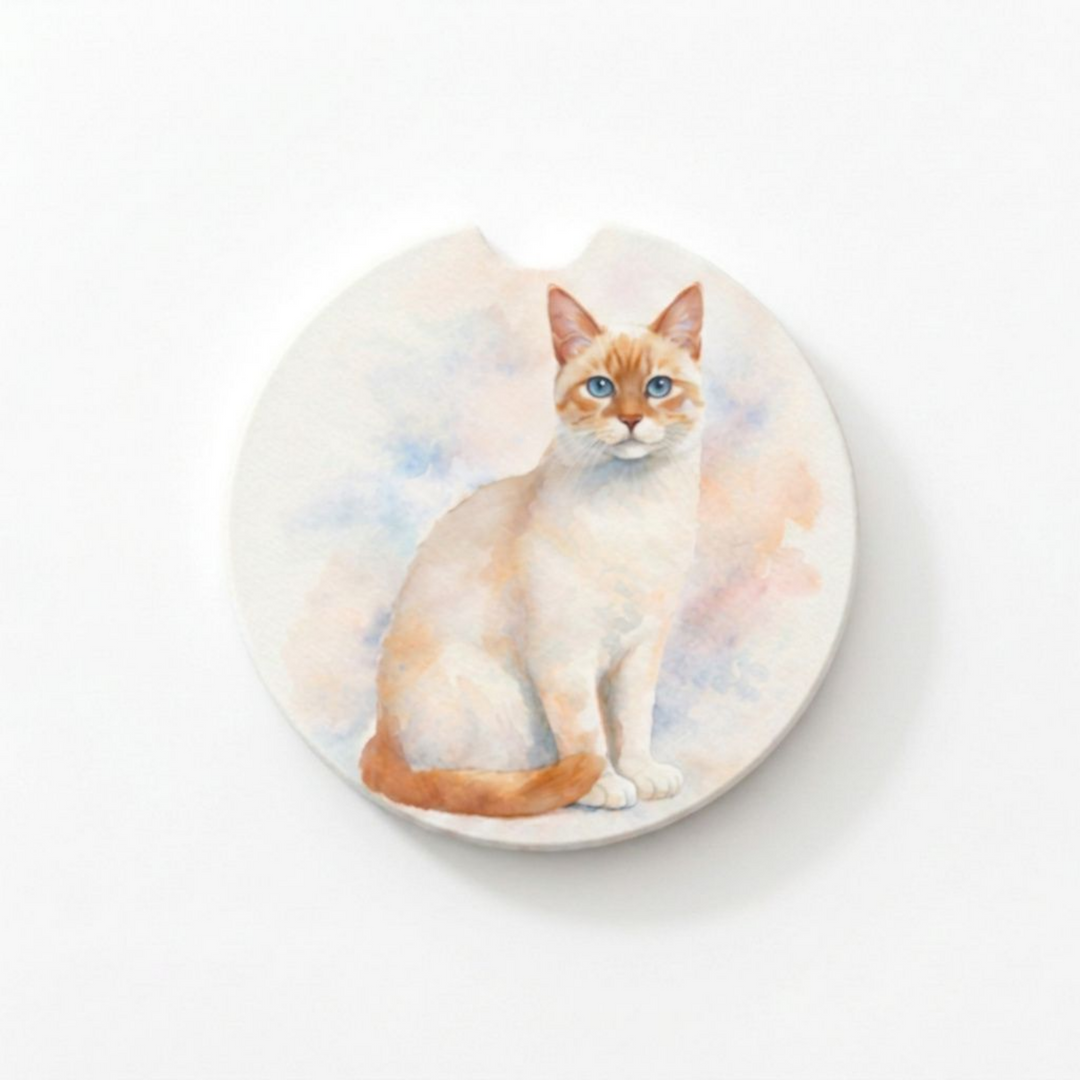 Single round ceramic car coaster featuring a watercolor-style illustration of a Siamese cat with a flame point coat, sold individually.