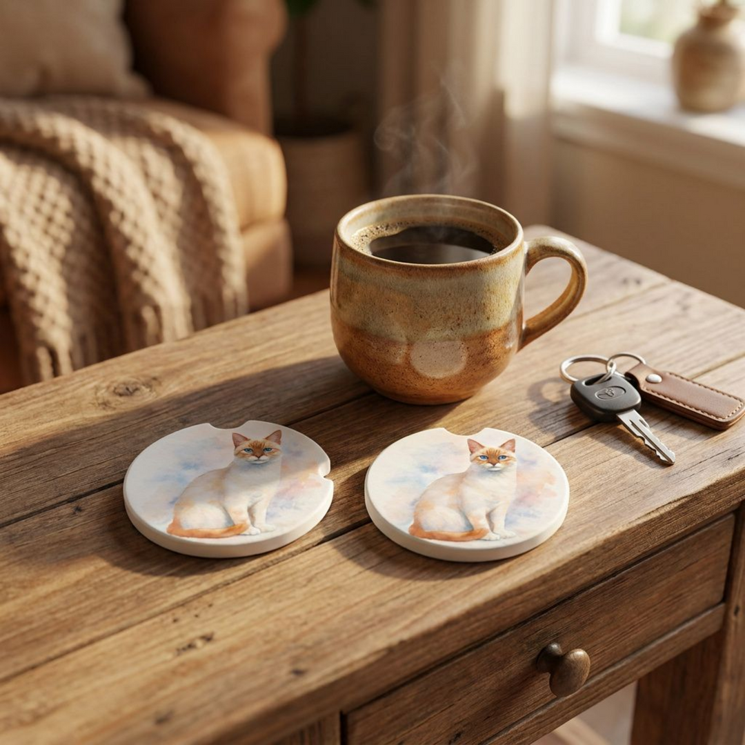 Siamese cat car coasters with a flame point coat styled on a wooden side table beside a steaming coffee mug and a set of keys.