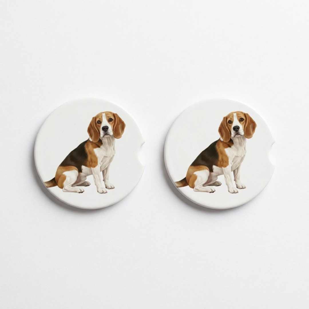 Set of two round ceramic car coasters featuring a watercolor-style illustration of a Beagle with a tan and white coat.