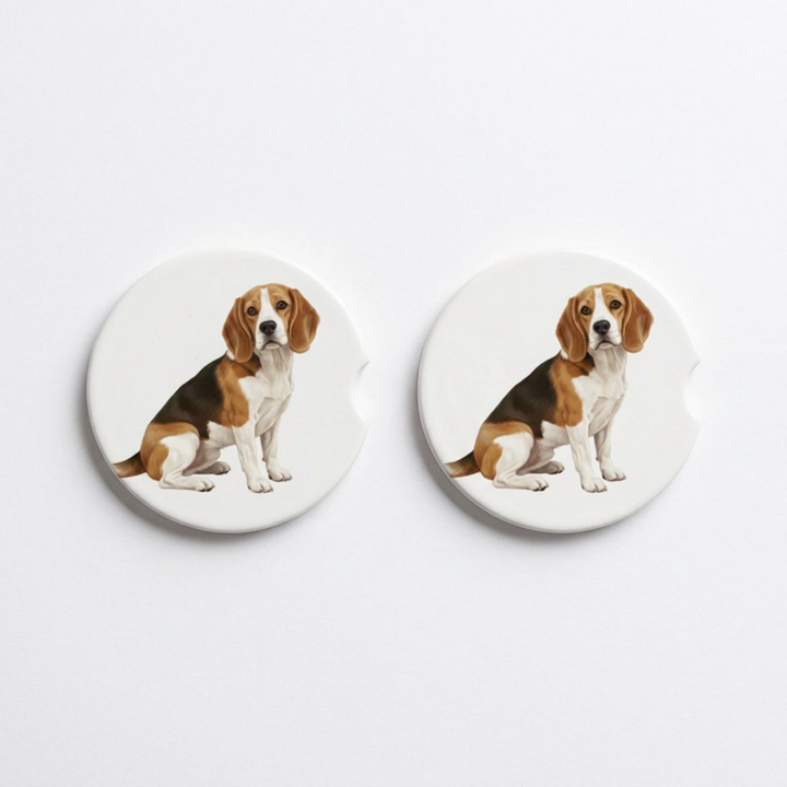 Set of two round ceramic car coasters featuring a watercolor-style illustration of a Beagle with a tan and white coat.