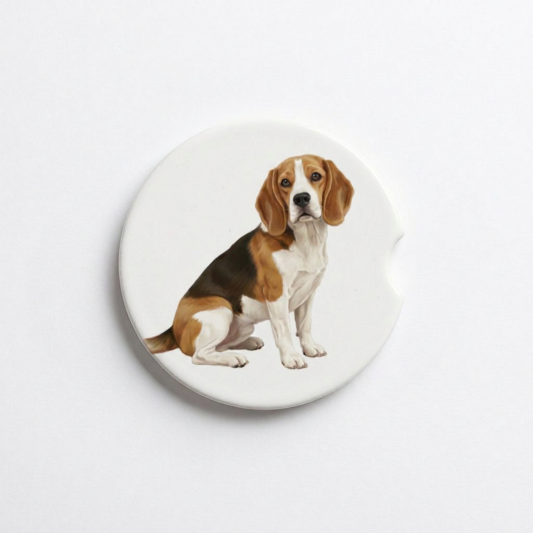 Single round ceramic car coaster featuring a watercolor-style illustration of a Beagle with a tan and white coat, sold individually.