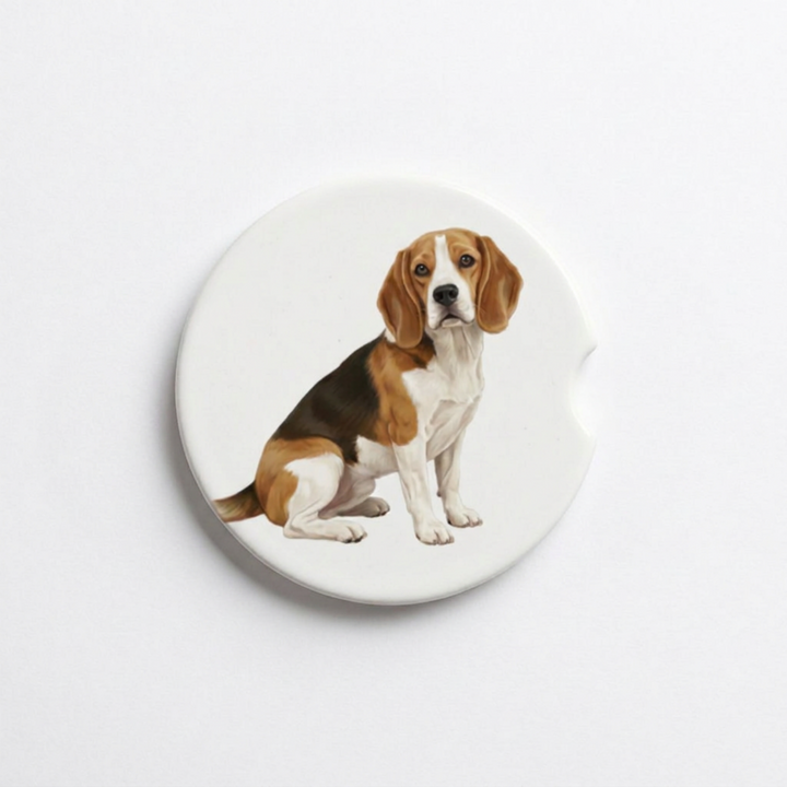 Single round ceramic car coaster featuring a watercolor-style illustration of a Beagle with a tan and white coat, sold individually.