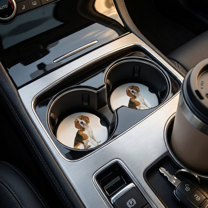 Beagle car coaster with a tan and white coat placed in a vehicle&
