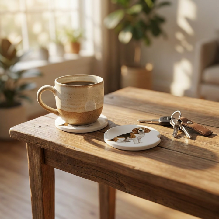 Beagle car coasters with a tan and white coat styled on a wooden side table beside a steaming coffee mug and a set of keys.