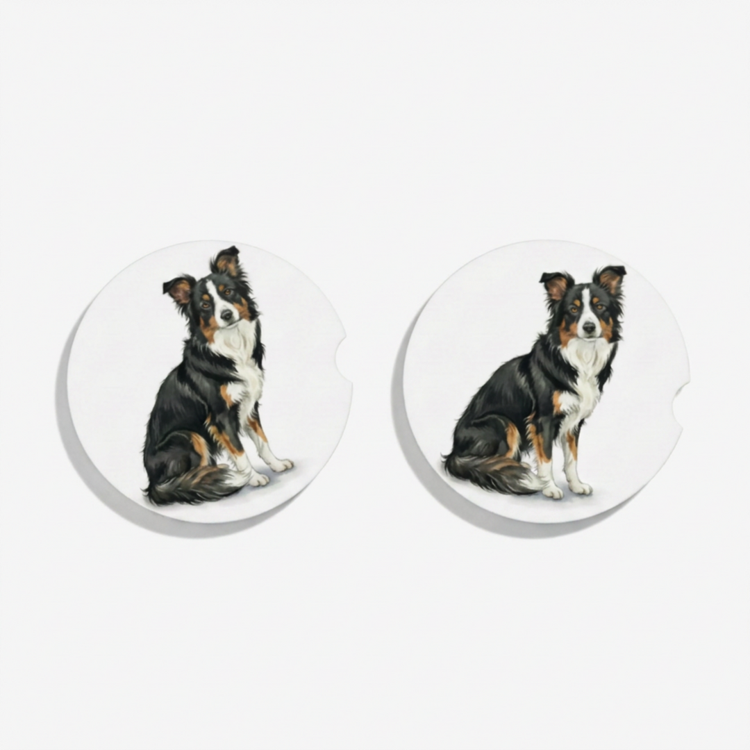 Set of two round ceramic car coasters featuring a watercolor-style illustration of a Border Collie with a black tri-color coat.