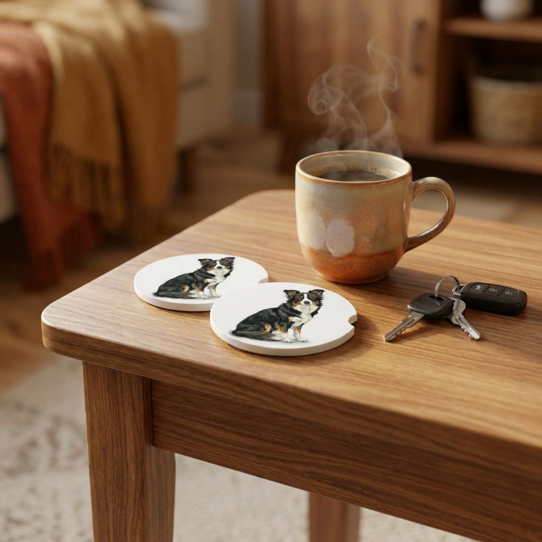 Border Collie car coasters with a black tri-color coat styled on a wooden side table beside a steaming coffee mug and a set of keys.