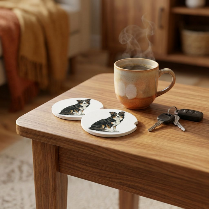 Border Collie car coasters with a black tri-color coat styled on a wooden side table beside a steaming coffee mug and a set of keys.