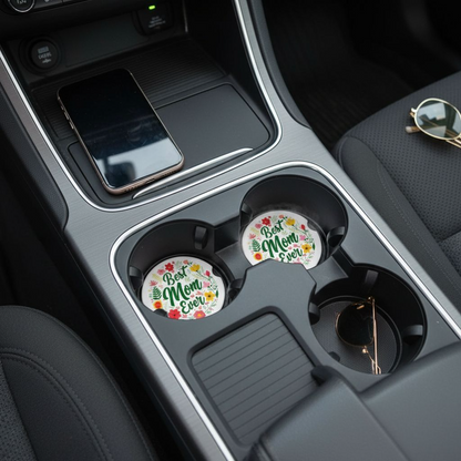 Best Mom Ever Ceramic Car Coaster set of 2, Floral Ceramic Car Accessory, Mother's Day Gift Idea, Absorbent Auto Cupholder Insert