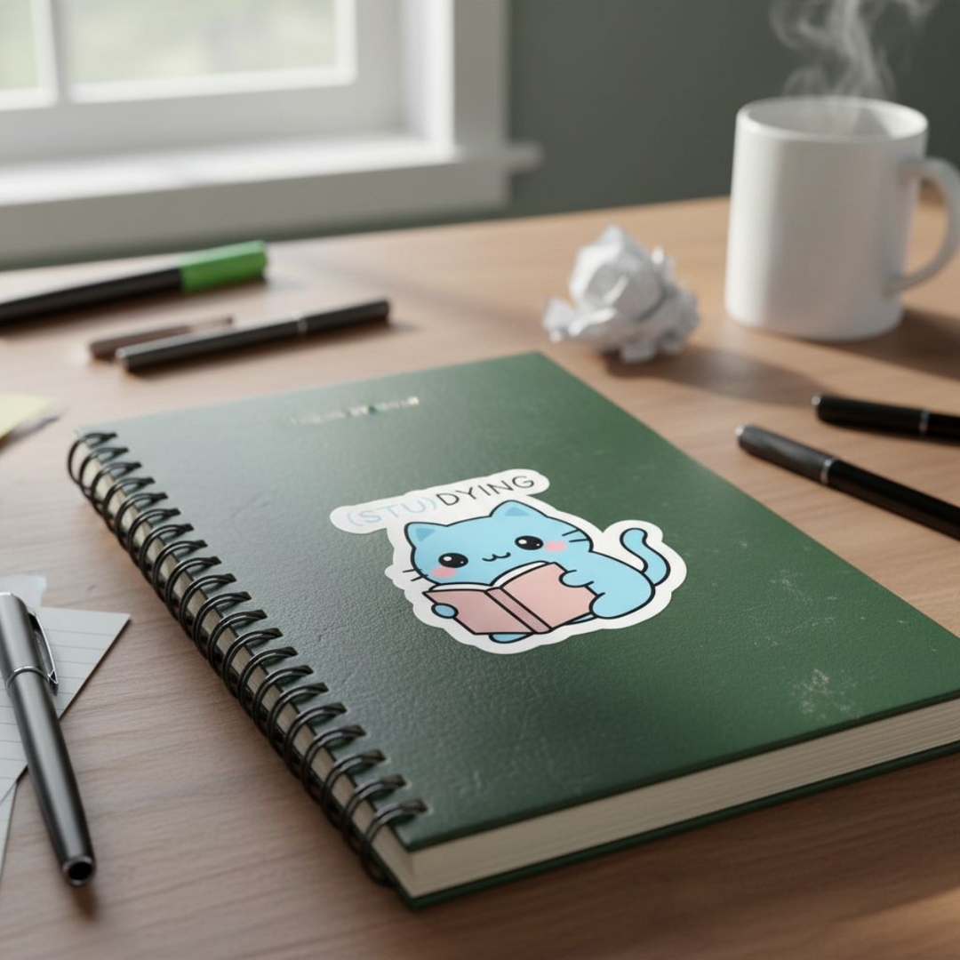 (STU)DYING Blue Cat Sticker – Funny Kawaii Study Cat Vinyl Sticker – 3" Die-Cut, Water-Resistant Student Gift - Designs by Mysh