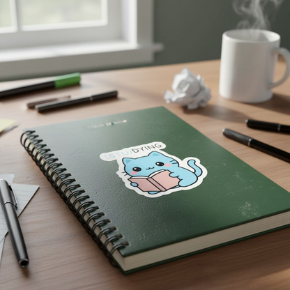(STU)DYING Blue Cat Sticker – Funny Kawaii Study Cat Vinyl Sticker – 3" Die-Cut, Water-Resistant Student Gift