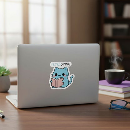 (STU)DYING Blue Cat Sticker – Funny Kawaii Study Cat Vinyl Sticker – 3" Die-Cut, Water-Resistant Student Gift