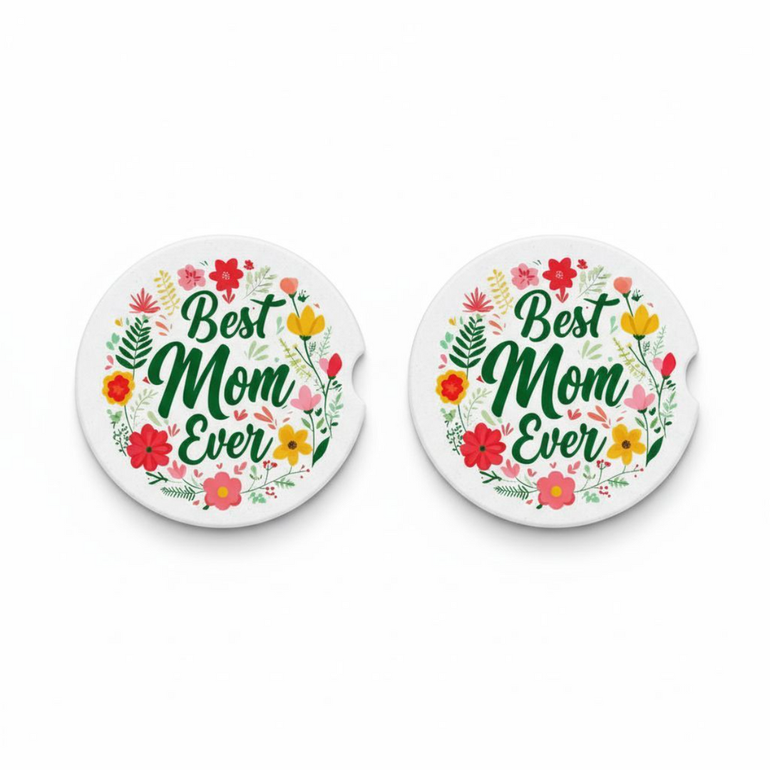 Best Mom Ever Ceramic Car Coaster set of 2, Floral Ceramic Car Accessory, Mother's Day Gift Idea, Absorbent Auto Cupholder Insert - Designs by Mysh