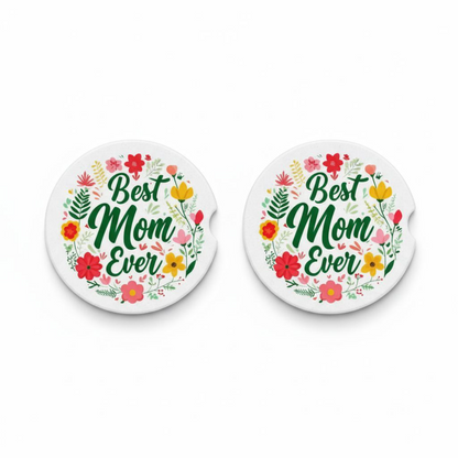 Best Mom Ever Ceramic Car Coaster set of 2, Floral Ceramic Car Accessory, Mother's Day Gift Idea, Absorbent Auto Cupholder Insert