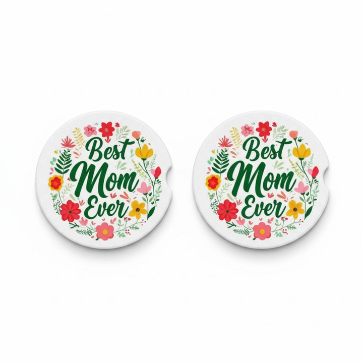 Best Mom Ever Ceramic Car Coaster set of 2, Floral Ceramic Car Accessory, Mother&