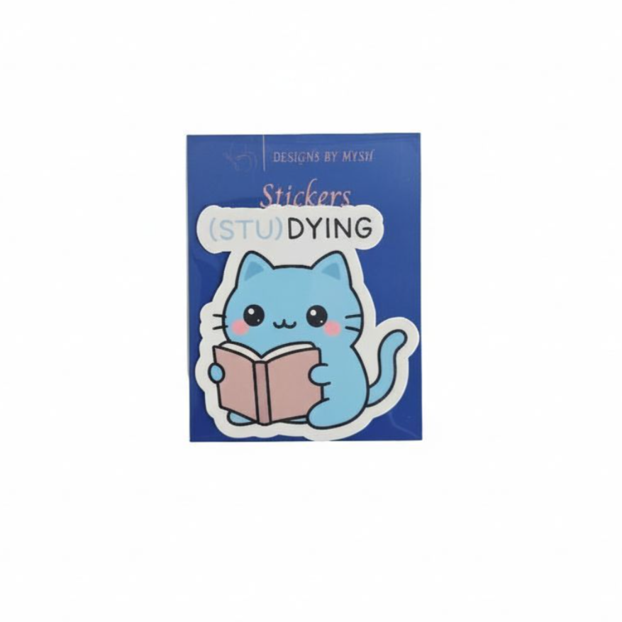 (STU)DYING Blue Cat Sticker – Funny Kawaii Study Cat Vinyl Sticker – 3" Die-Cut, Water-Resistant Student Gift - Designs by Mysh