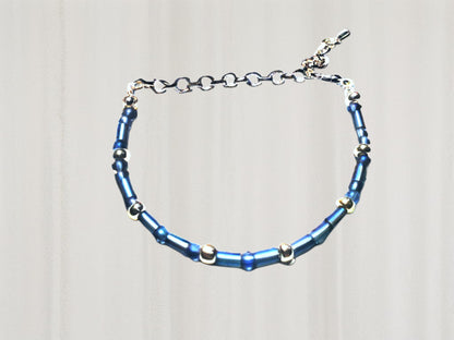 Morse code blue glass bead bracelet