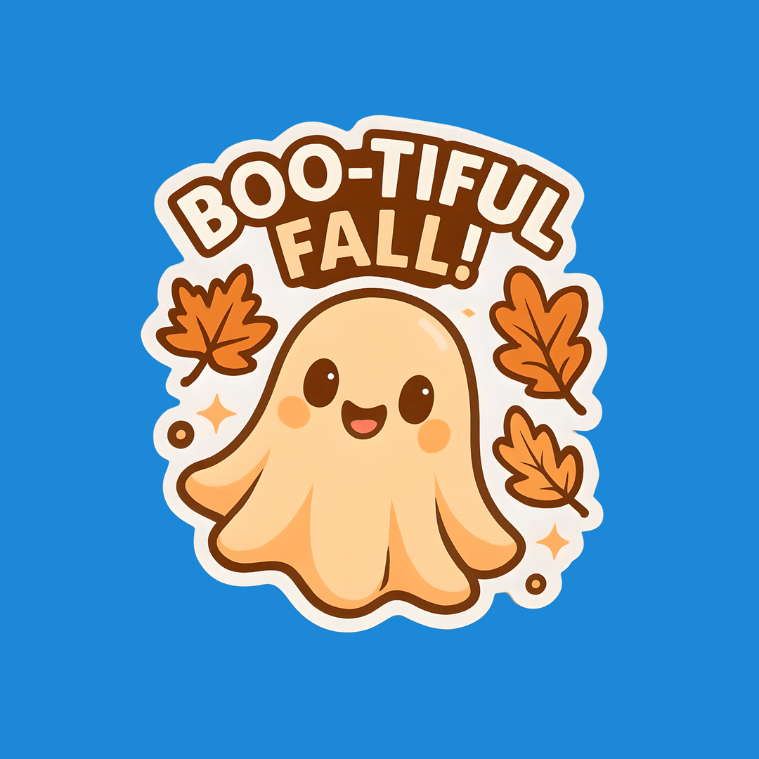 A die-cut sticker featuring a cute cartoon ghost with the text 'BOO-TIFUL FALL!' in brown and cream lettering, surrounded by three orange autumn leaves and small star sparkles, shown on a solid blue background.