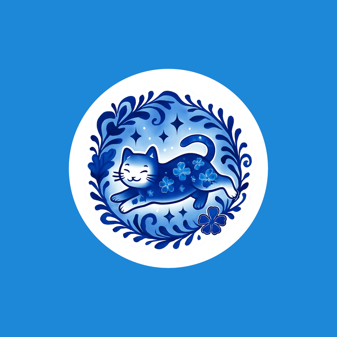 A circular blue and white decorative graphic featuring a stylized blue cat surrounded by floral and leaf motifs on a solid blue background.