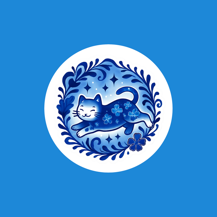 A circular blue and white decorative graphic featuring a stylized blue cat surrounded by floral and leaf motifs on a solid blue background.