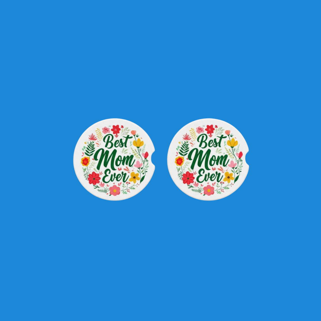 Two round white stickers with a floral border and the text 'Best Mom Ever' in green script, shown on a solid blue background.