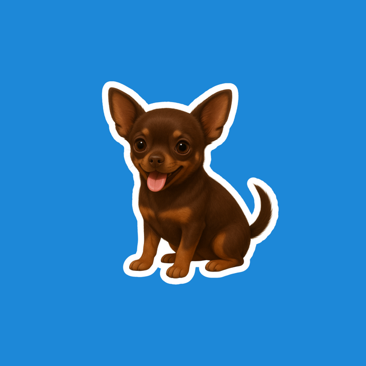 A die-cut sticker of a cute brown Chihuahua dog with a white outline, centered on a solid blue background.