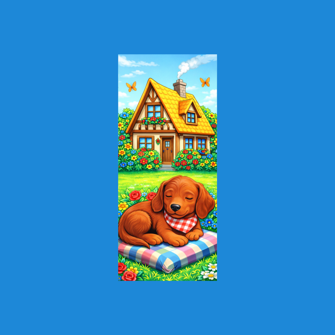A vertical rectangular illustration centered on a solid blue background, showing a cozy house with a sleeping brown puppy on a plaid blanket in front of a flower garden.