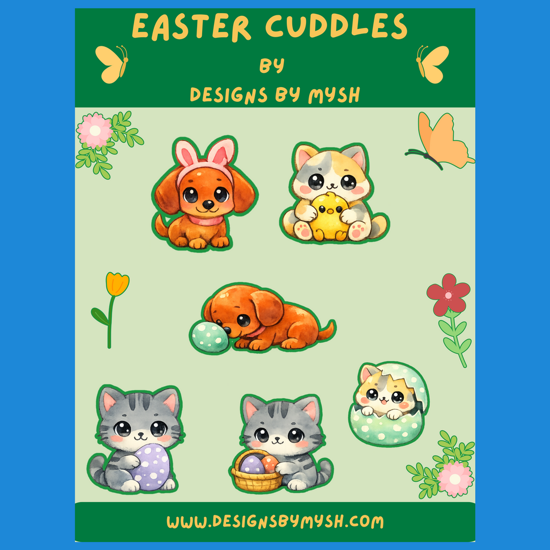 A digital graphic sheet titled 'Easter Cuddles' by Designs By Mysh, featuring cute cartoon illustrations of dogs, cats, and Easter-themed motifs like flowers, butterflies, and eggs, presented on a light green background with a blue border.