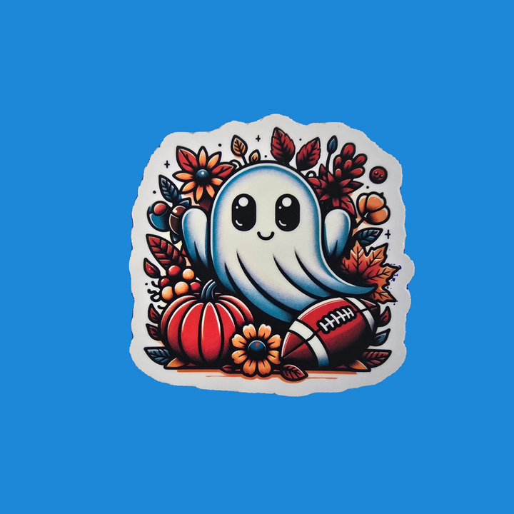 Football Fall Ghost Sticker – Cute Halloween Vinyl Die-Cut | 3" Autumn Ghost with Pumpkins &amp; Football