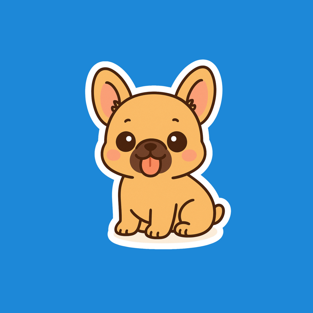 A cute cartoon French Bulldog sticker on a solid blue background. The sticker features a light brown dog with pink inner ears, a dark brown nose and mouth, and a pink tongue, outlined in white.