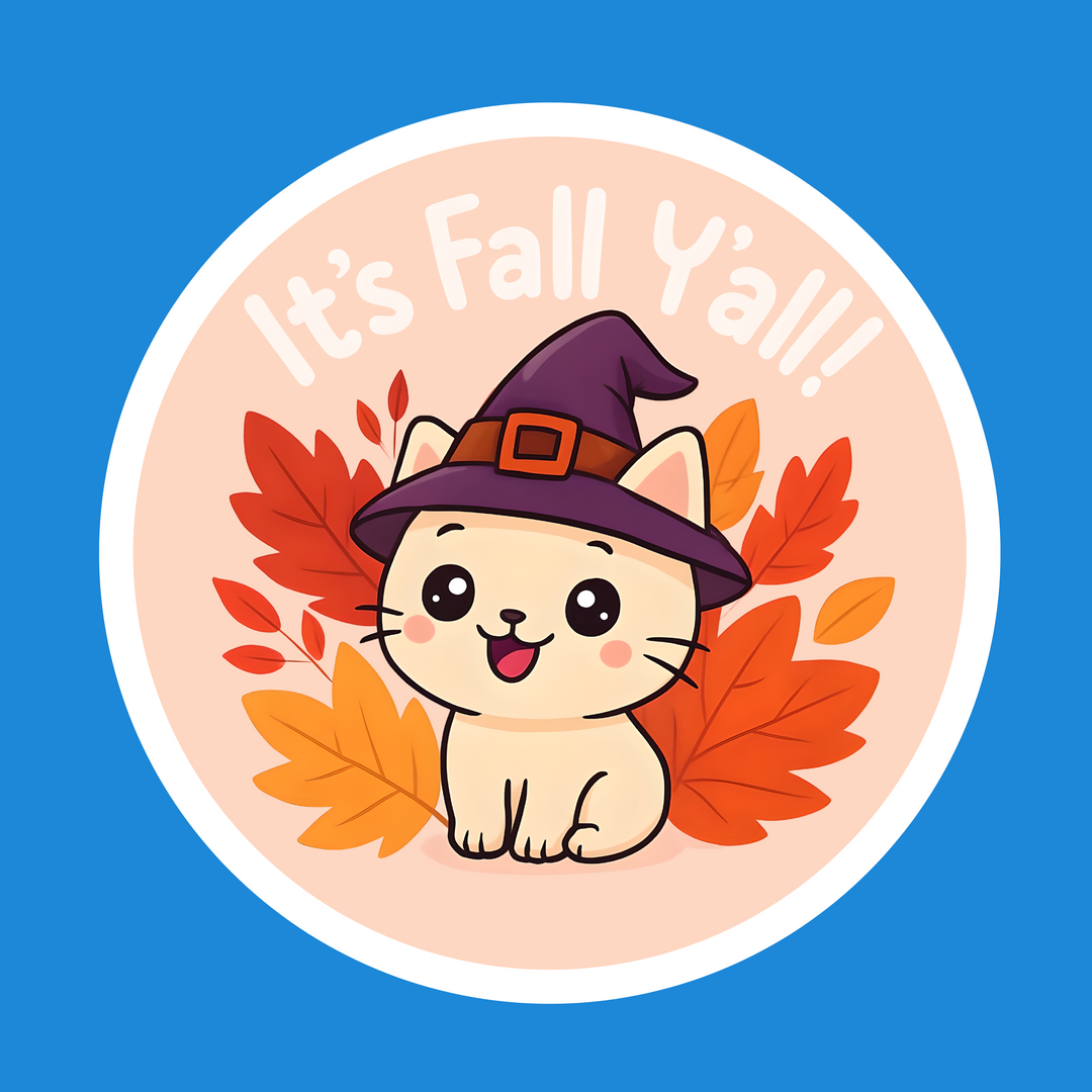 A circular sticker or graphic design featuring a cute cartoon kitten wearing a purple witch hat, surrounded by orange and red autumn leaves, with the text 'It's Fall Y'all!' on a light peach background, set against a solid blue backdrop.
