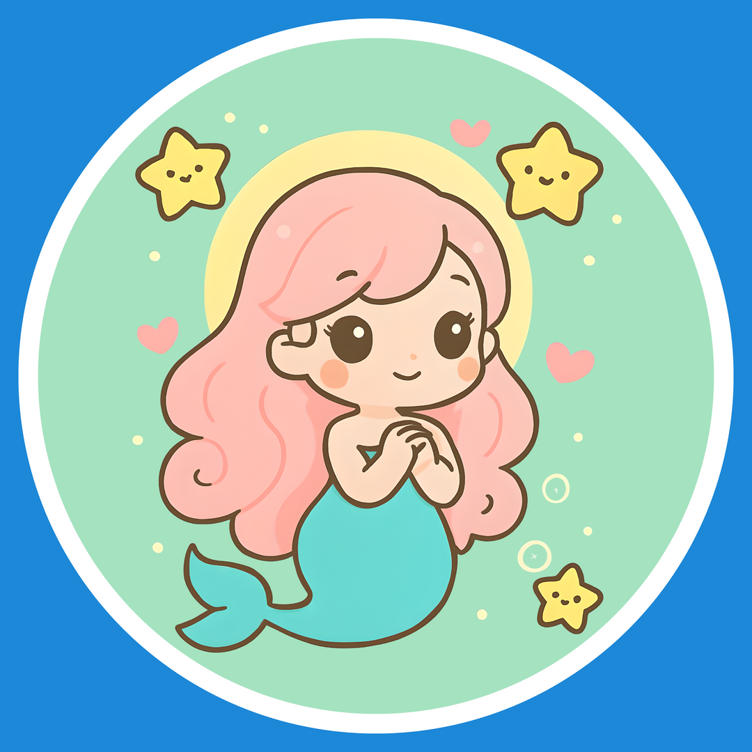 A cute cartoon mermaid sticker design featuring a pink-haired girl with a teal tail inside a mint green circle with yellow stars, set against a solid blue background.
