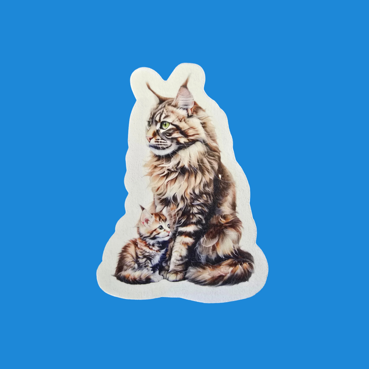 Maine Coon Brown Cat and Kitten Sticker — Handmade Vinyl Sticker, 3", UV-Protected, Made in the USA