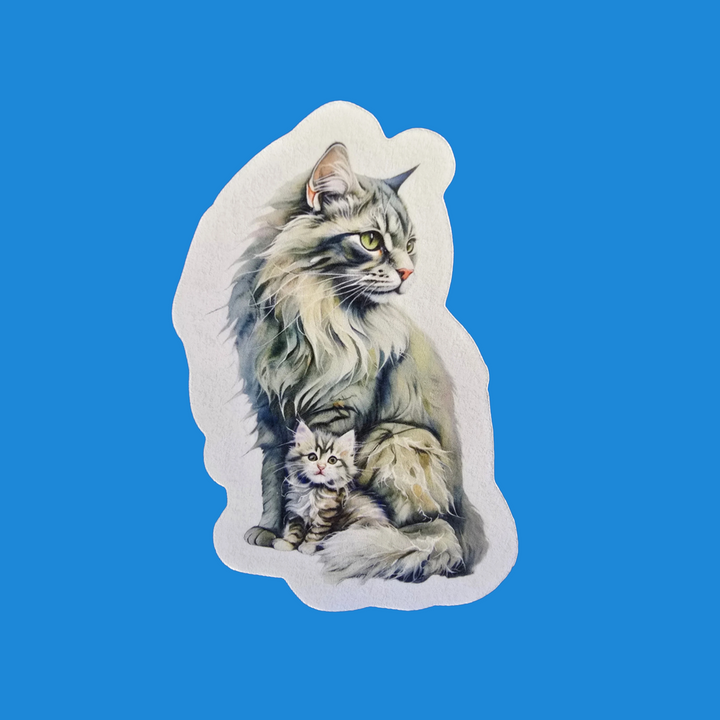 Norwegian Forest Cat Sticker, Fluffy Mama &amp; Kitten Art, Vinyl Cat Decal, Cat Mom Gift, Laptop or Journal Decor