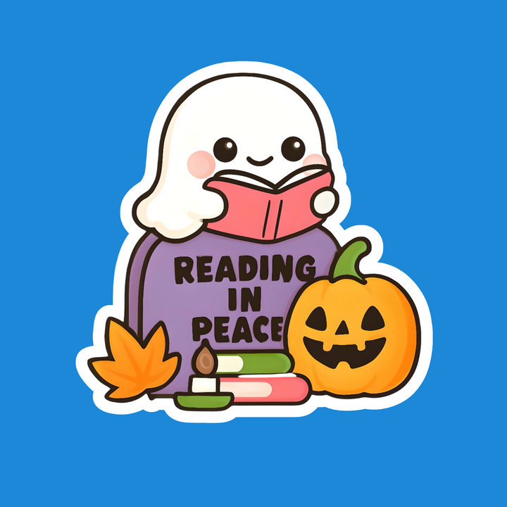 A cute cartoon sticker-style illustration on a solid blue background. The character wears a purple shirt that says “READING IN PEACE,” holds a pink book, and is surrounded by a white ghost, a jack-o&