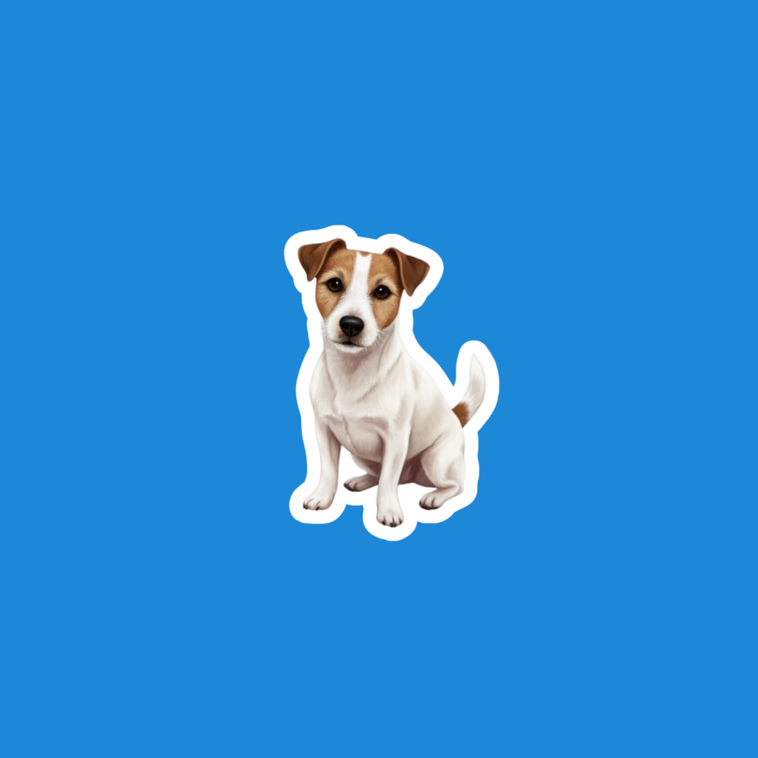 A die-cut sticker of a white and brown Jack Russell Terrier dog sitting down, centered on a solid blue background.