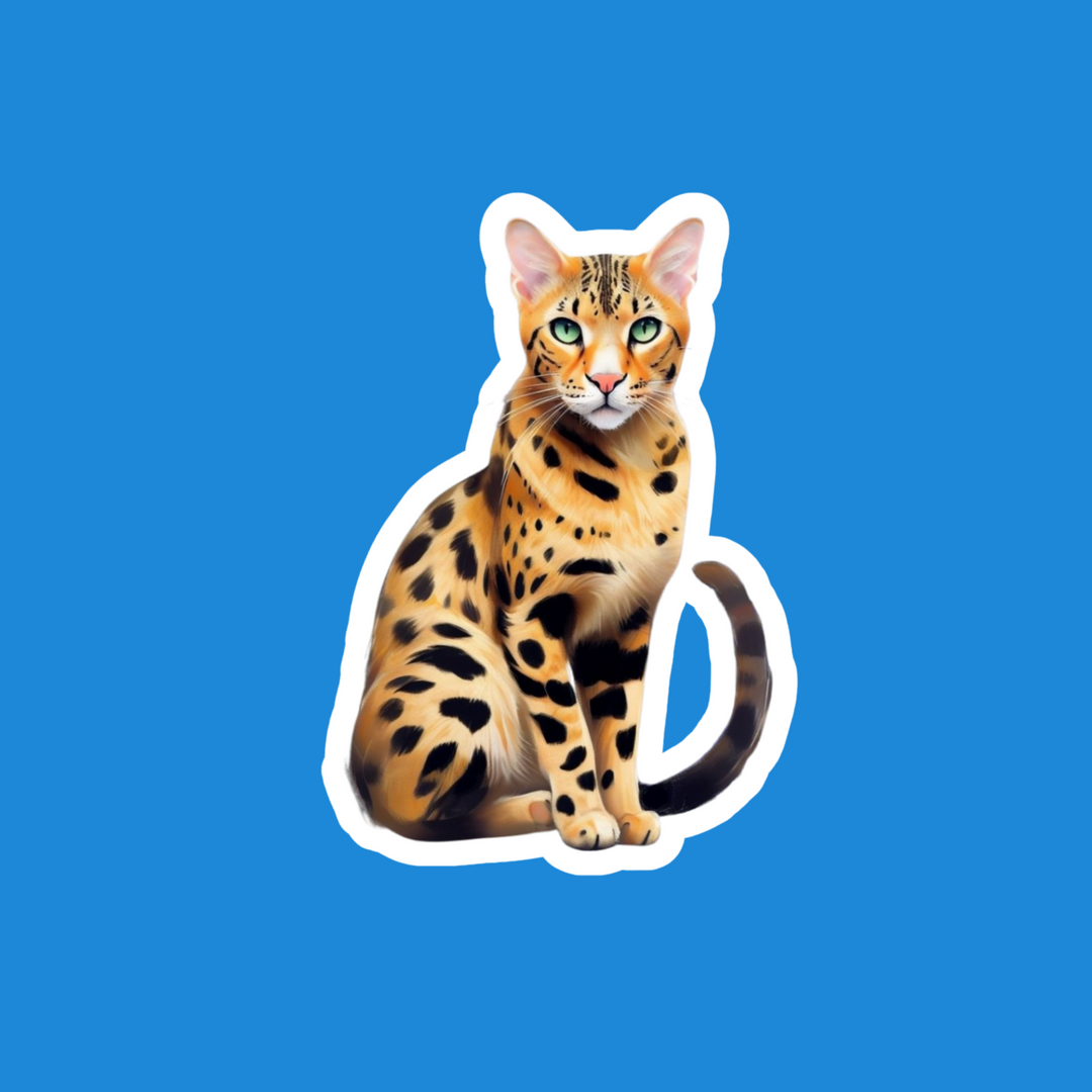 A die-cut sticker of a sitting Bengal cat with green eyes, spotted orange-and-black fur, and a white border, centered on a solid blue background.