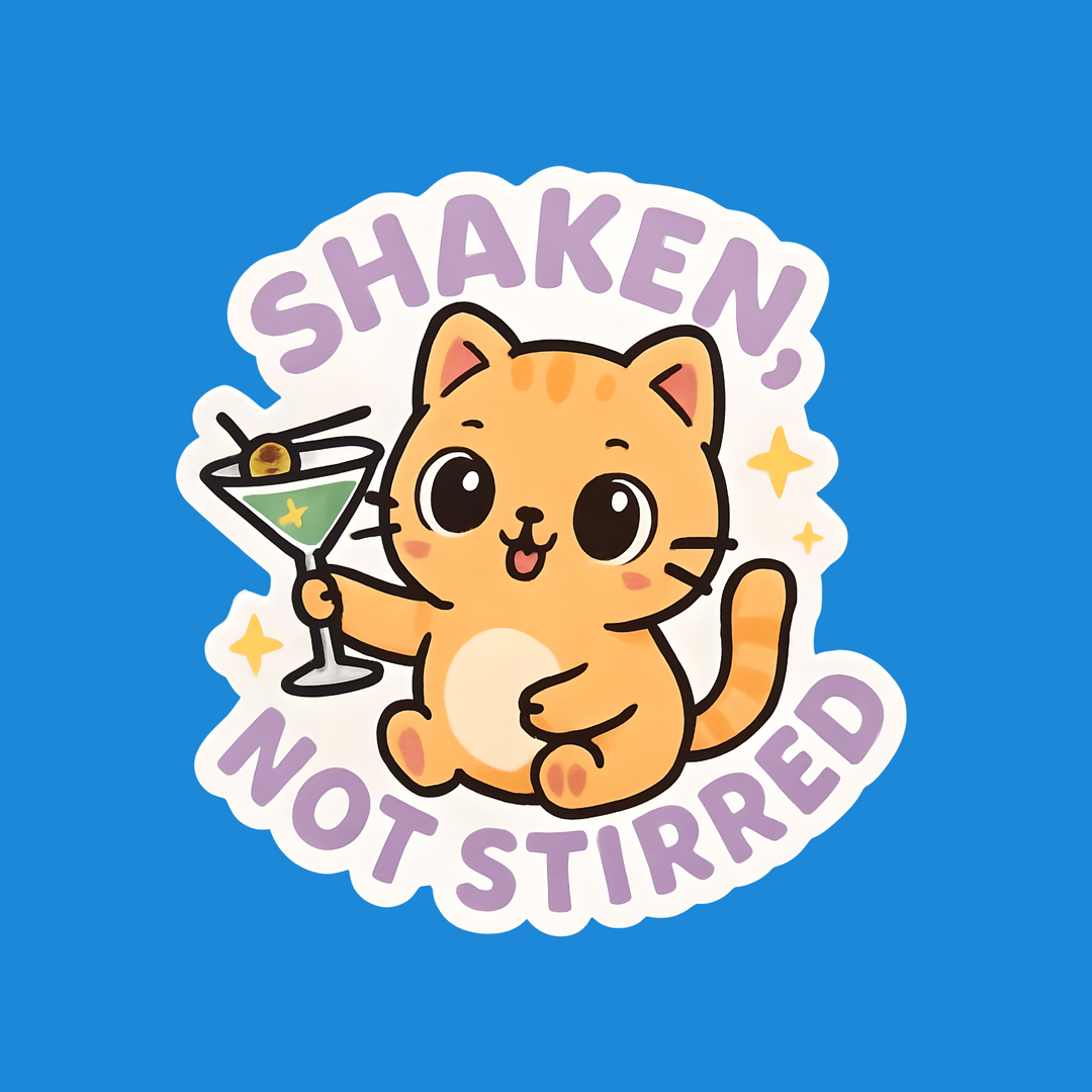 A die-cut sticker featuring a cute orange tabby cartoon cat holding a martini glass, with the text 'SHAKEN, NOT STIRRED' in purple around it, shown on a solid blue background.
