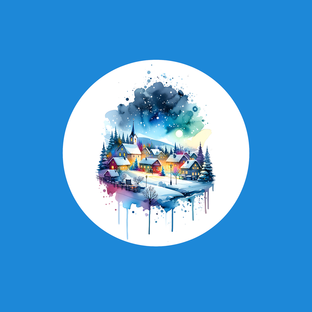 A circular watercolor illustration of a snowy village with glowing houses, trees, and a dark starry sky, centered on a solid blue background.