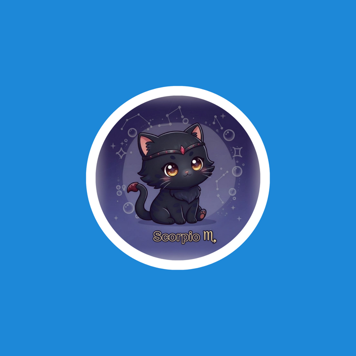A circular sticker featuring a cute chibi black cat with a red forehead mark and the text &