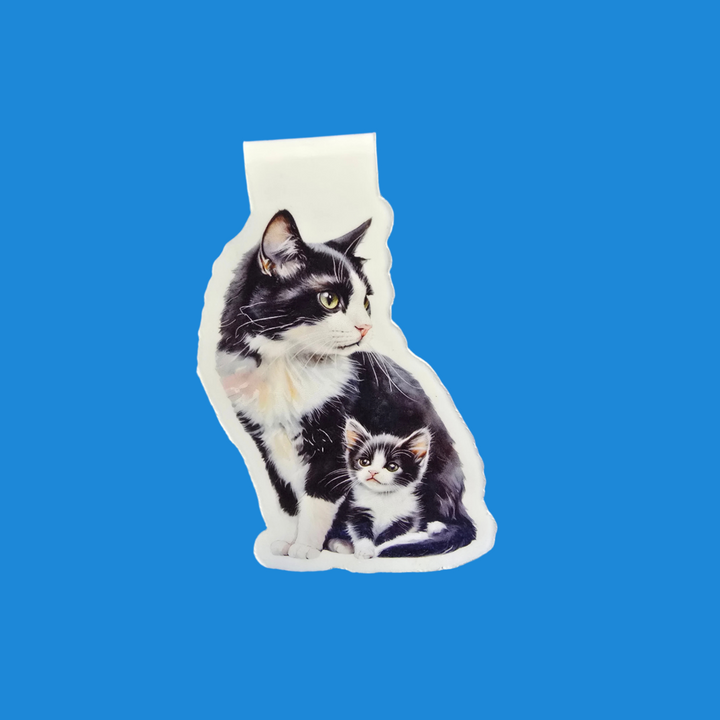 Tuxedo Cat and Kitten Magnetic Bookmark, Cat Mom Page Marker, Handmade Pet Lover Gift, Black &amp; White Cat Bookmark
