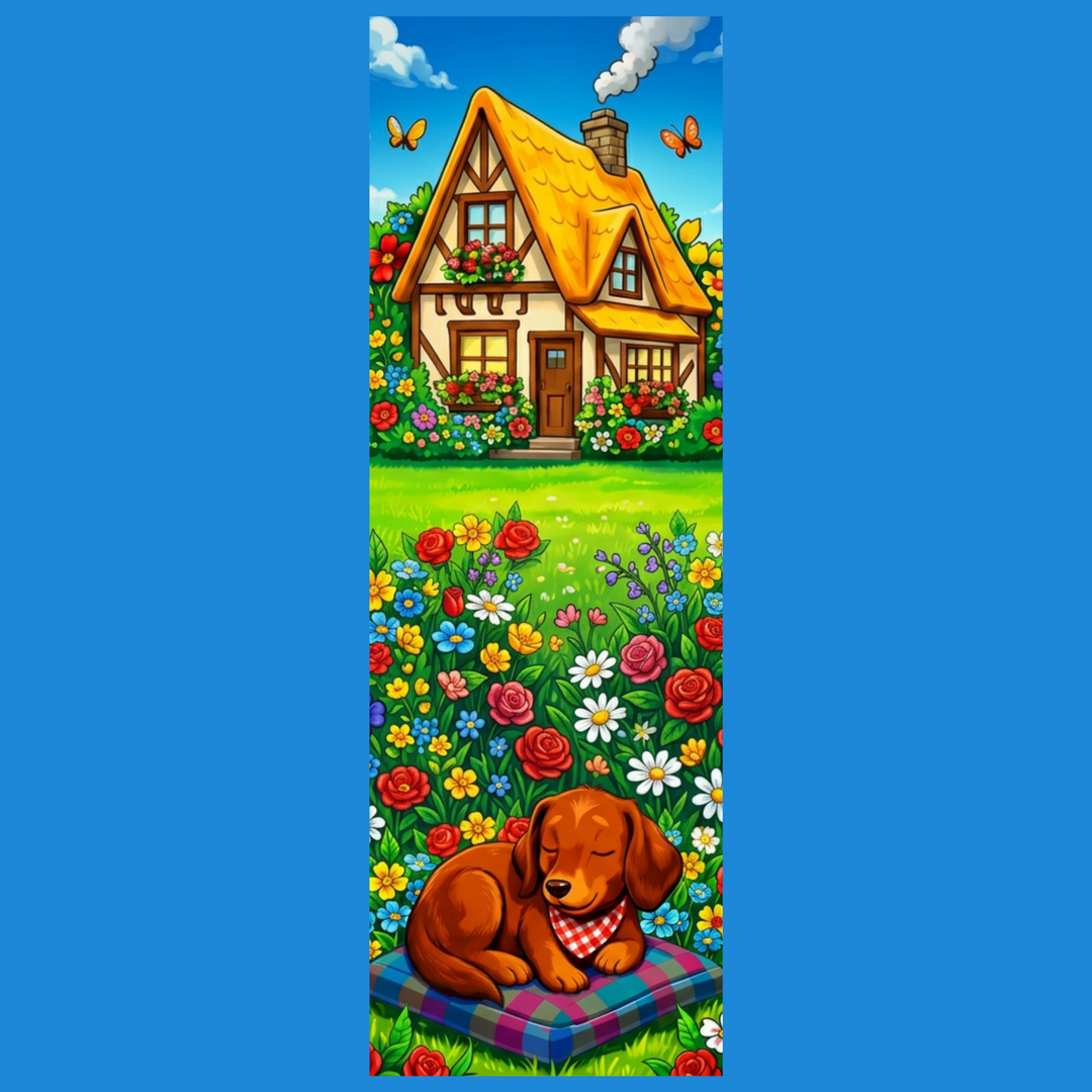 A tall, narrow vertical illustration featuring a cozy cottage with a yellow-orange roof, a bright green lawn, a flower-filled garden, and a brown dog lying on a plaid blanket in the foreground. The artwork is centered on a solid blue background.